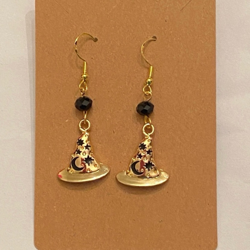 Hand Crafted Witch Hat Dangle Earrings with Black Beads